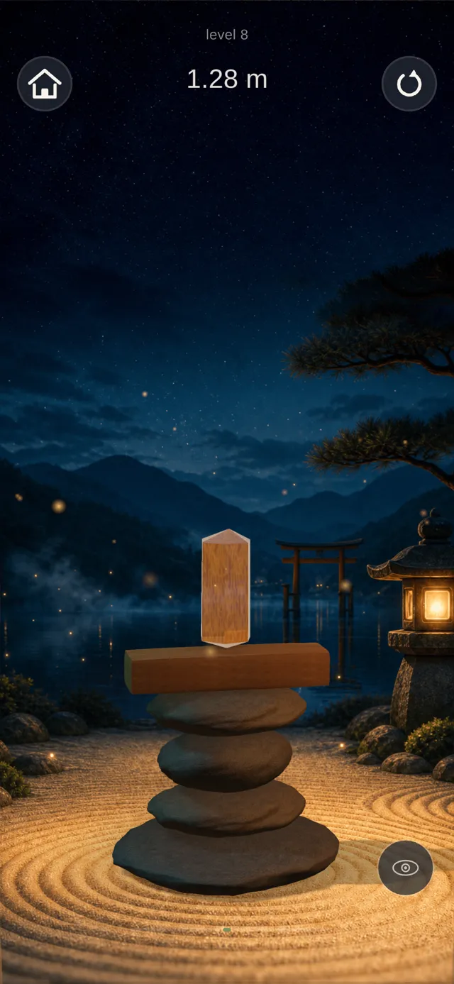 Mountain lake garden at night with a finished stone stack